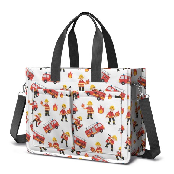 Fireman and Flame White Pattern Canvas Messenger Tote Bag, Work Tote with Multi Pockets & Removable Strap, Durable Canvas Gifts for Work Travel Shopping