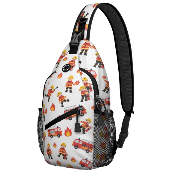 Fireman and Flame White Pattern Sling Backpack, Unisex Daily Travel Sling Pack with Side Mesh Pockets, Breathable Padded Back Gift Ideas for Hiking Cycling Walking