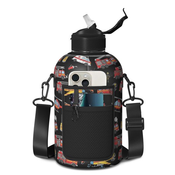 Fireman and Helicopter Black Pattern 74oz Half Gallon Water Bottle with Sleeve, Gym Hydration Bottle with Strap & Storage Pocket, SBR Protective Sleeve Gifts for Birthday Christmas Thanksgiving