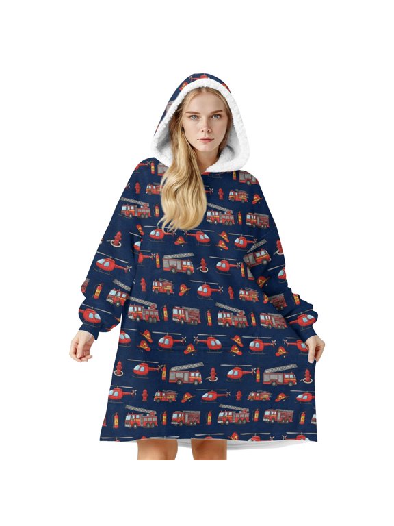 Fireman and Helicopter Blue Pattern Oversized Sherpa Fleece Wearable Blanket Hoodie, Double-Sided Warm Fuzzy Pullover with Super Pockets for Women & Men