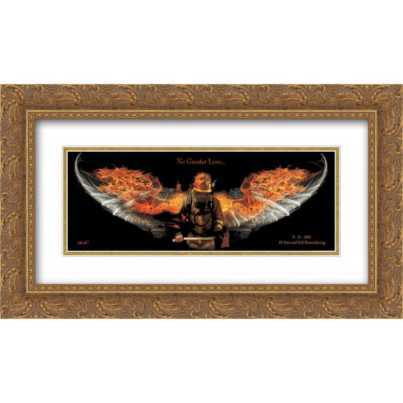 Fireman No Greater Love 2x Matted 22x10 Gold Ornate Framed Art Print by Jason Bullard