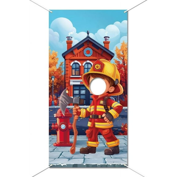 Fireman Photo Banner Backdrop Fireman Theme Photo Door Banner Large Fireman Face Pretend Play Party Game Background Rescue Theme Backdrop Decor for Birthday Party Photo Supply 70.9x35.4 Inch