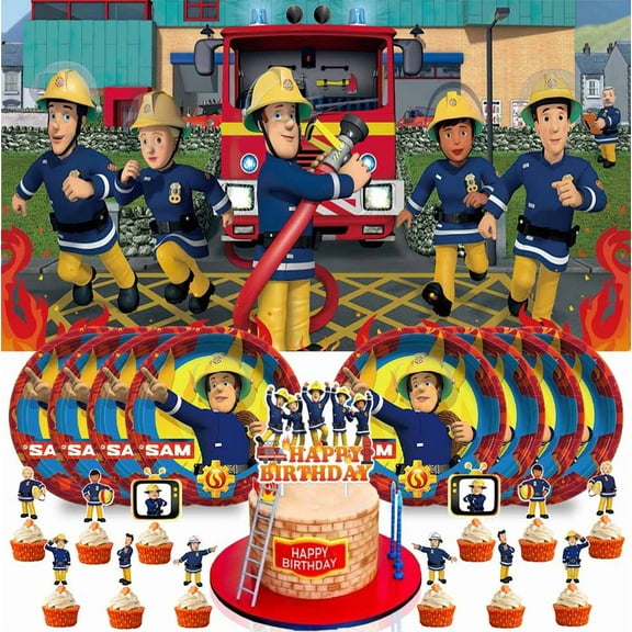 Fireman Sam Party Supplies Birthday Decorations Plates Banner Kids Cake Toppers Set Decor