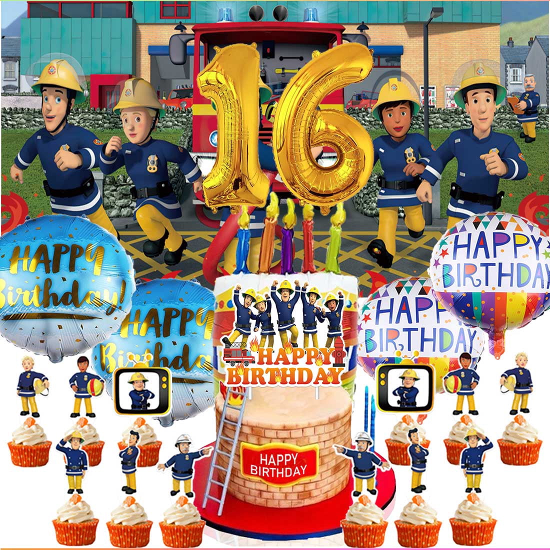 Fireman Sam Party Supplies Decor 16th Kit Balloons Birthday Cake Topper ...
