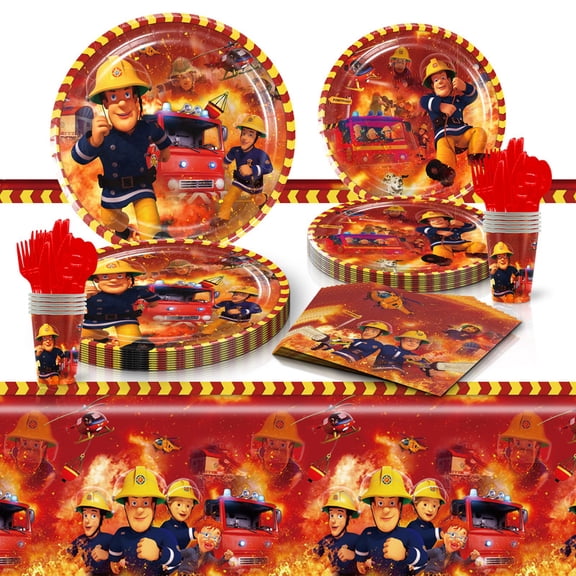 Fireman Sam Party Tableware Set Plates Cup Kit Birthday Supplies Decorations Disposable Dinnerware