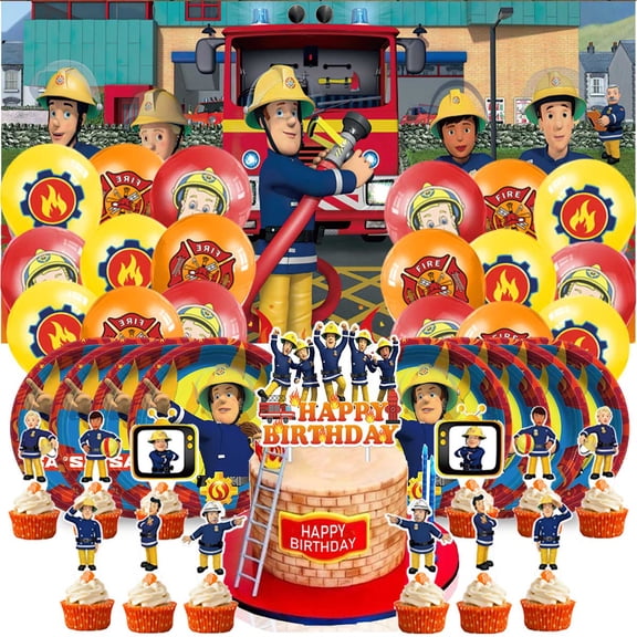Fireman Sam Themed Birthday Party Decor Set - Balloons, Paper Plates, Cake Toppers, Tableware & 5x2.3ft Backdrop Banner