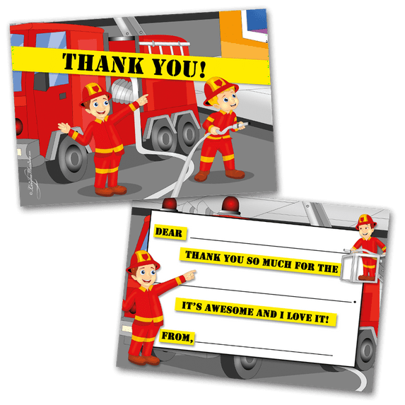 Fireman Thank You Cards for Kids, 20 Notes & 20 Envelopes