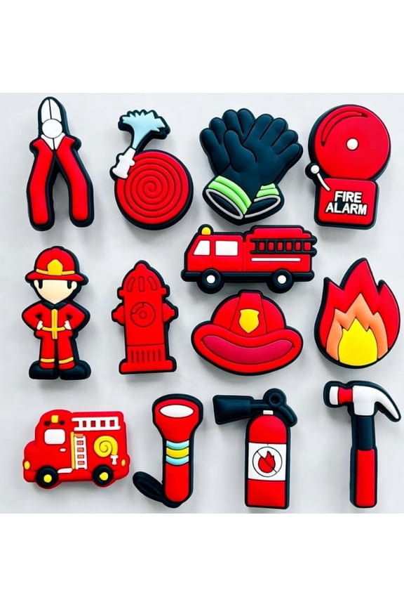 Fireman Theme Shoe Decoration Charms, 12PCS Firefighter Fire Truck Fire Extinguisher Fire Hydrant Charms for Shoe Wristband, PVC Shoe Charms for Decor Party Favor Adults Holiday Birthday Gifts
