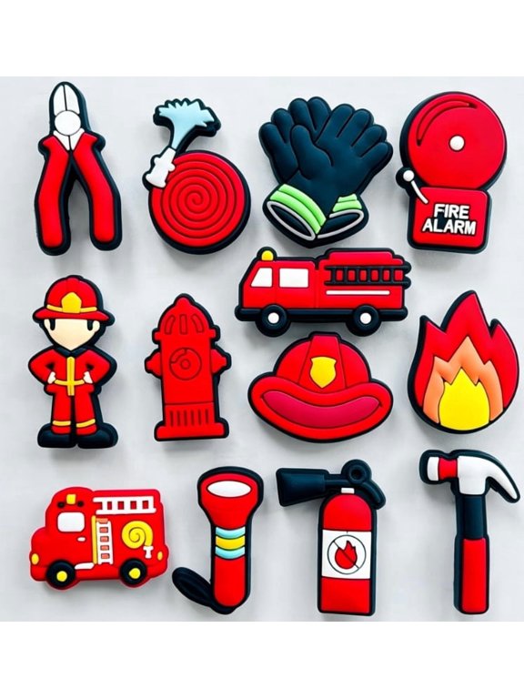 Fireman Theme Shoe Decoration Charms, 12PCS Firefighter Fire Truck Fire Extinguisher Fire Hydrant Charms for Shoe Wristband, PVC Shoe Charms for Decor Party Favor Adults Holiday Birthday Gifts