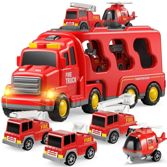 Fireman Truck Toys for 3 4 5 6 Years Old Boys Girls - 5 in 1 Carrier Truck Transport for Toddlers 1-3,Friction Power Vehicles for Kids 3-5,Christmas Birthday Gifts,Red