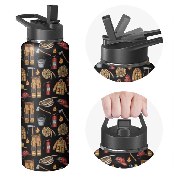 Fireman and Uniform Black Pattern Insulated Water Bottle with Straw, Vacuum Insulated Portable Hydration Bottle Double Wall Vacuum Insulation Gifts Ideas for Birthday Holiday Party