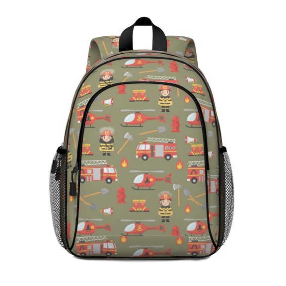 Fireman and Axe Green Pattern Backpack for School, Cute School Bag with Adjustable Shoulder Straps and Padded Back, 15"x11.42"x5.5"