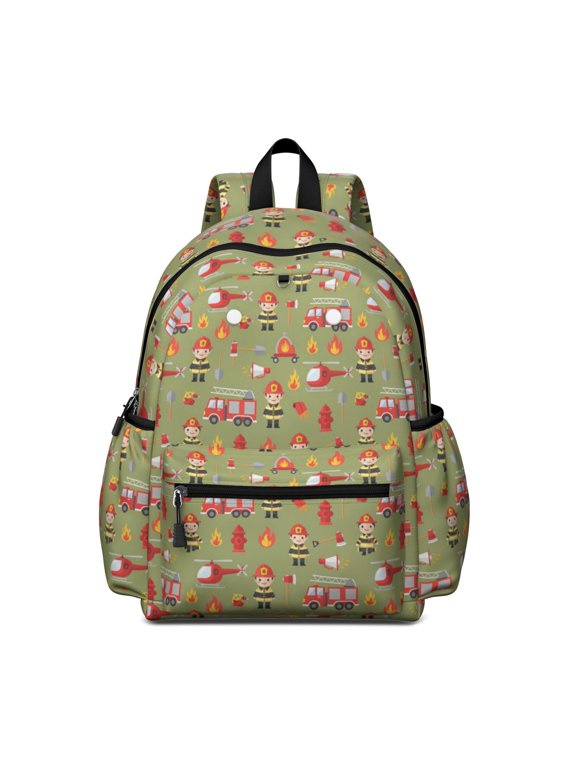 Fireman and Axe Green Pattern Cute School Backpack with Padded Back and Adjustable Shoulder Straps 13.4"x11"x4.7"