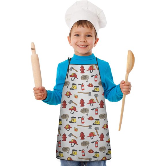 Fireman and Boot White Pattern Teens Aprons, Adjustable Neck Strap, Toddler & Teens Aprons for Cooking & Baking, 19x23.6 Inches