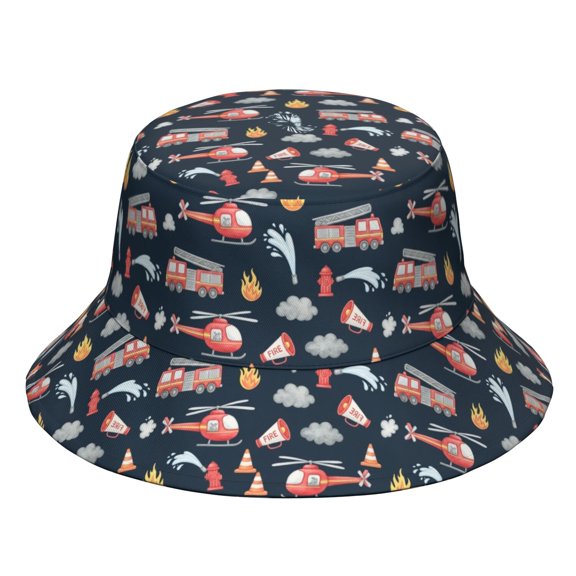 Fireman and Cone Blue Pattern Bucket Hat, Outdoor Sun Hat with Wide Brim & Breathable Fabric, UV Sun Protection Gifts for Unisex Men Women