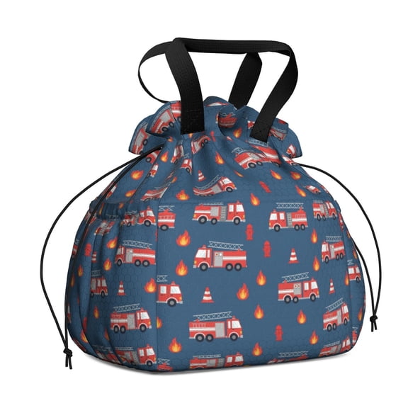 Fireman and Cone Blue Pattern Drawstring Insulated Lunch Bag for Women, Stain-Resistant Large Lunch Tote with Multi-Pockets for Work Office