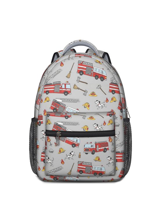 Fireman and Dalmatian Grey Pattern Backpack for School, Cute School Bag with Adjustable Shoulder Straps and Padded Back, 15.3"x11"x6.7"