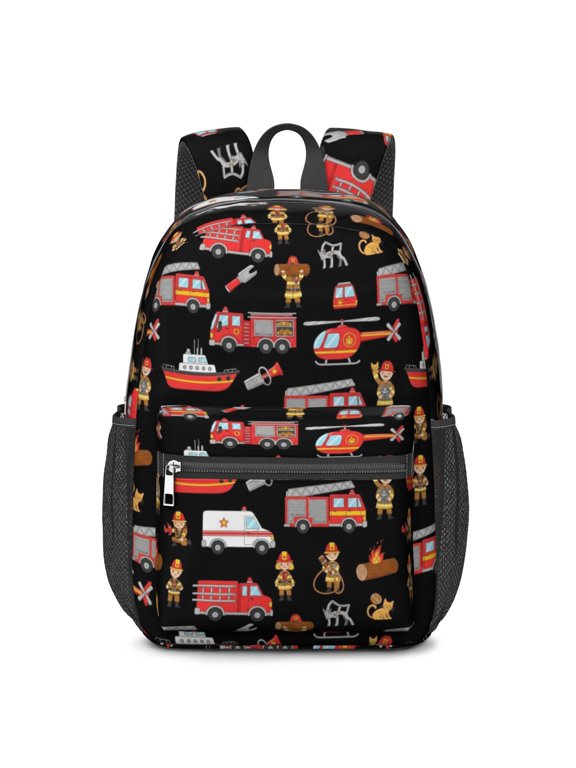 Fireman and Dog Black Pattern 17" School Backpacks for Teens,Waterproof Oxford Fabric,S-Shape Padded Straps for School,Travel,Hiking,Camping