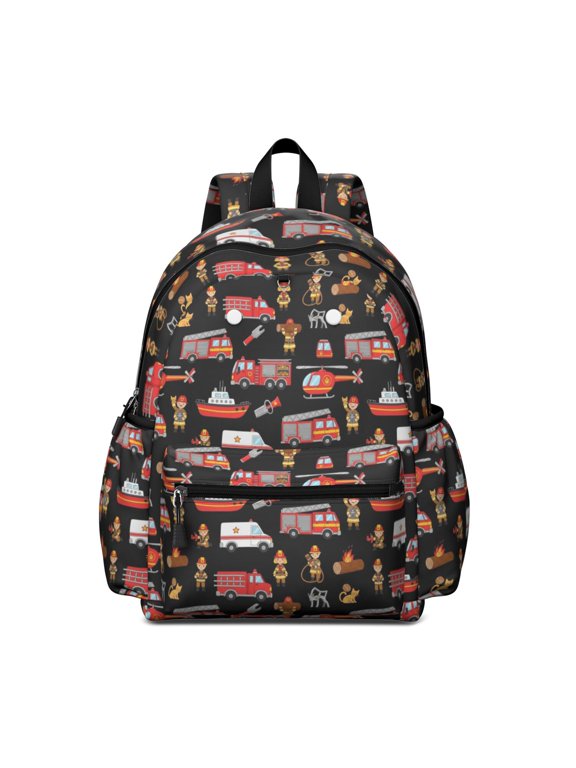 Fireman and Dog Black Pattern Backpack for School, Cute School Bag with Adjustable Shoulder Straps and Padded Back, 13.4"x11"x4.7"