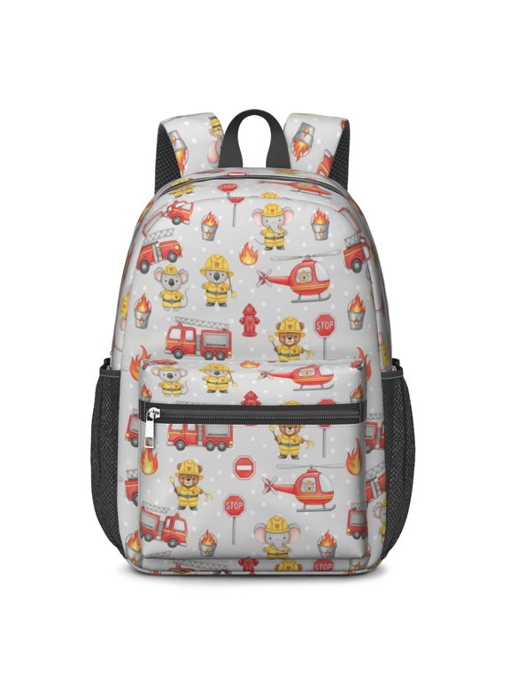 Fireman and Elephant Grey Pattern 17" School Backpacks for Teens,Waterproof Oxford Fabric,S-Shape Padded Straps for School,Travel,Hiking,Camping