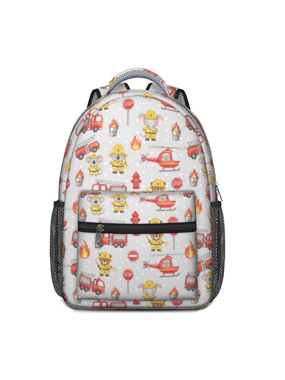Fireman and Elephant Grey Pattern Backpack for School, Cute School Bag with Adjustable Shoulder Straps and Padded Back, 15.3"x11"x6.7"