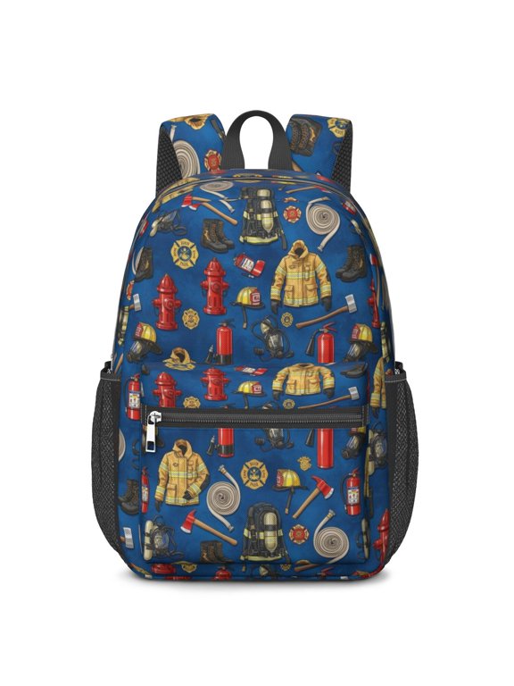 Fireman and Extinguisher Blue Pattern 17" School Backpacks for Teens,Waterproof Oxford Fabric,S-Shape Padded Straps for School,Travel,Hiking,Camping