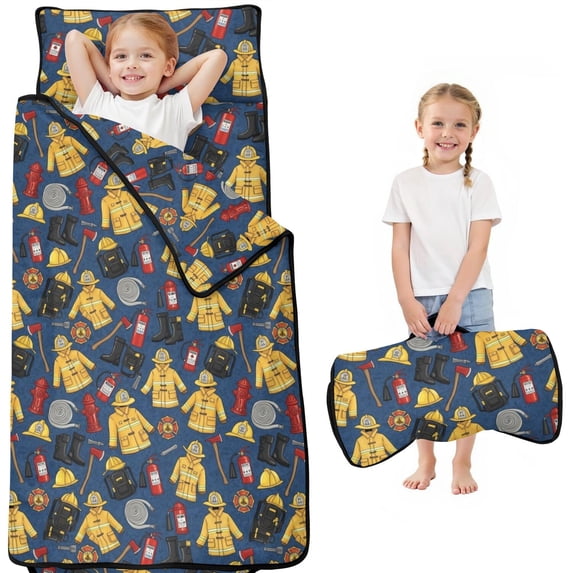 Fireman and Extinguisher Blue Pattern Teens Toddler Nap Mat with Pillow, Sleeping Mat Bag for Preschool Daycare 50"x20"