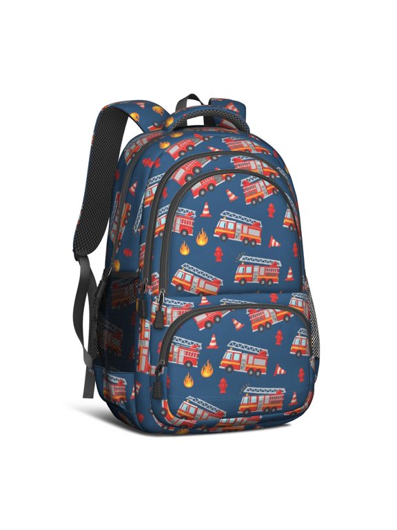 Fireman and Flame Blue Pattern Backpack for School, Cute School Bag with Adjustable Shoulder Straps and Padded Back, 16.9"x12.6"x5.9"