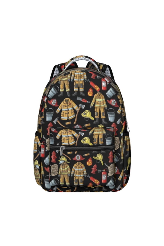 Fireman and Glove Black Pattern Backpack for School, Cute School Bag with Adjustable Shoulder Straps and Padded Back, 15.3"x11"x7.1"