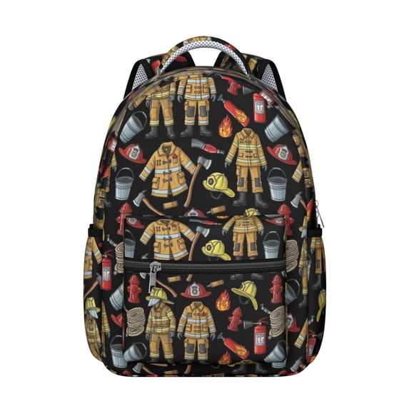 Fireman and Glove Black Pattern Backpack for School, Cute School Bag with Adjustable Shoulder Straps and Padded Back, 15.3"x11"x7.1"