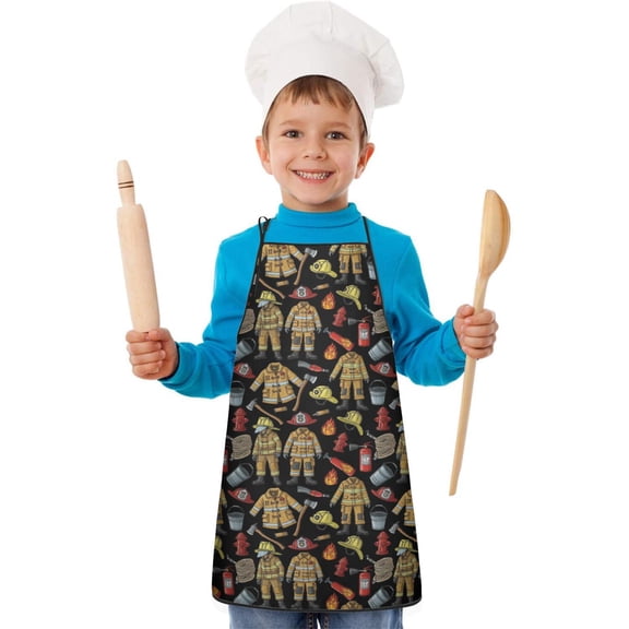 Fireman and Glove Black Pattern Teens Aprons, Adjustable Neck Strap, Toddler & Teens Aprons for Cooking & Baking, 19x23.6 Inches