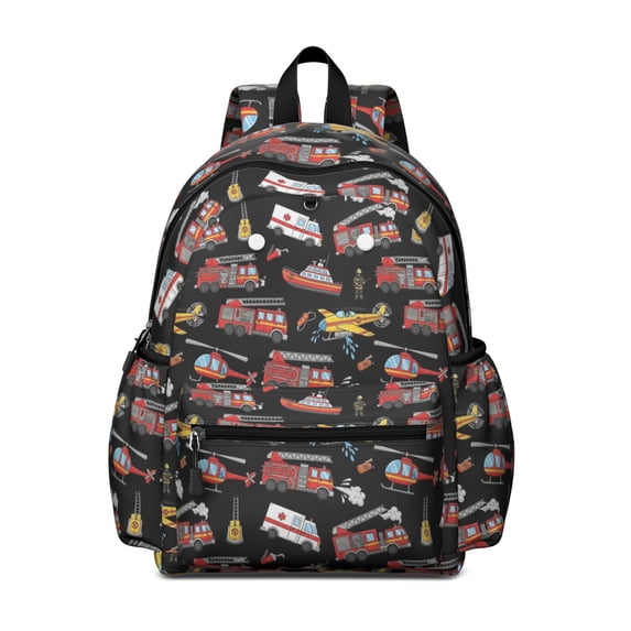 Fireman and Helicopter Black Pattern Backpack for School, Cute School Bag with Adjustable Shoulder Straps and Padded Back, 13.4"x11"x4.7"
