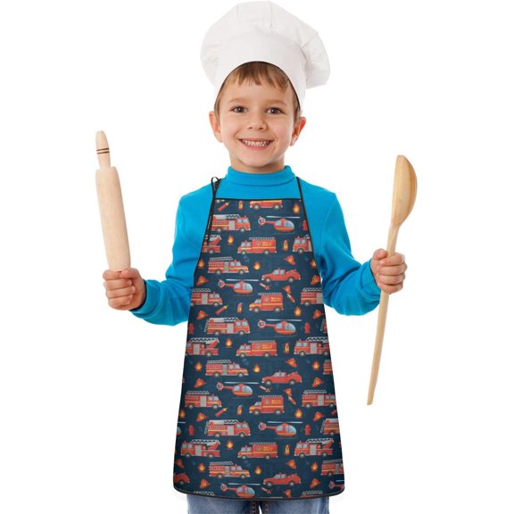 Fireman and Helicopter Blue Pattern Teens Aprons, Adjustable Neck Strap, Toddler & Teens Aprons for Cooking & Baking, 19x23.6 Inches