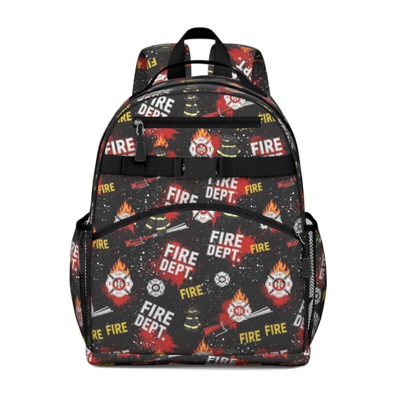 Fireman and Helmet Black Pattern Backpack for School, Cute School Bag with Adjustable Shoulder Straps and Padded Back, 15.25"x11.5"x5.25"
