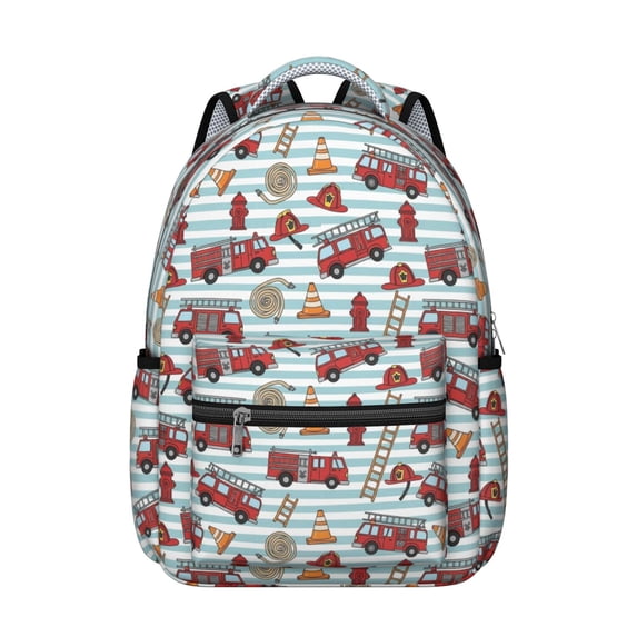 Fireman and Ladder Blue Pattern Backpack for School, Cute School Bag with Adjustable Shoulder Straps and Padded Back, 15.3"x11"x7.1"