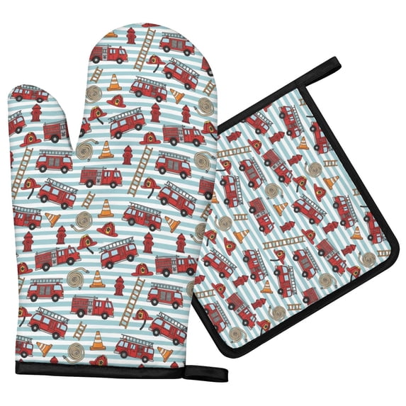 Fireman and Ladder Blue Pattern Oven Mitt Pot Holder Set, Polyester BBQ ...