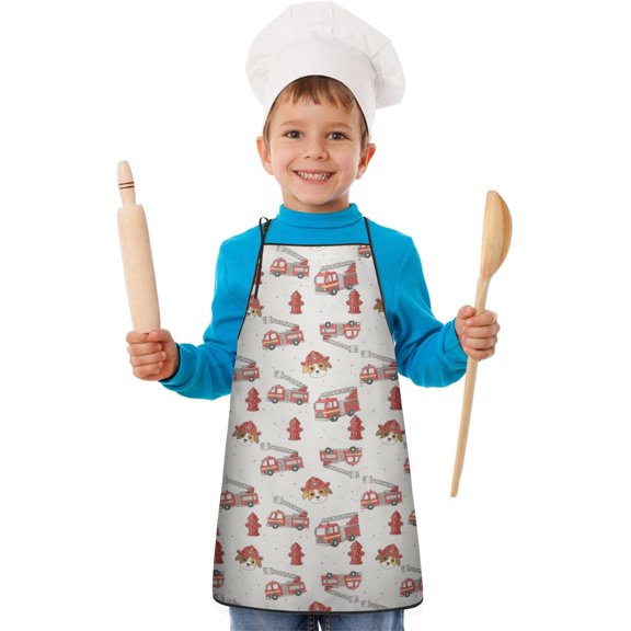 Fireman and Puppy White Pattern Teens Aprons, Adjustable Neck Strap, Toddler & Teens Aprons for Cooking & Baking, 19x23.6 Inches