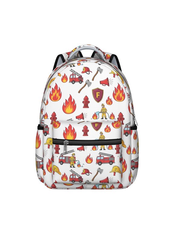 Fireman and Shield White Pattern Backpack for School, Cute School Bag with Adjustable Shoulder Straps and Padded Back, 15.3"x11"x7.1"