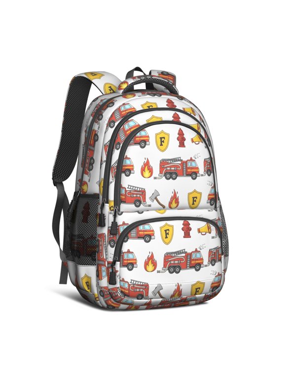 Fireman and Shield White Pattern Cute School Backpack Bag with Padded Back and Adjustable Shoulder Straps 16.9 X 12.6 X 5.9 Inches
