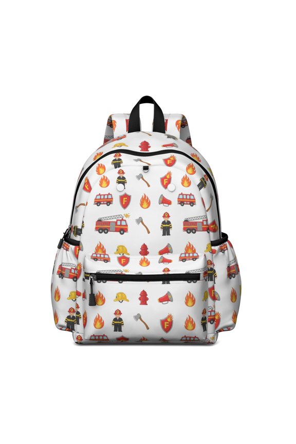 Fireman and Shield White Pattern Cute School Backpack with Padded Back and Adjustable Shoulder Straps 13.4"x11"x4.7"