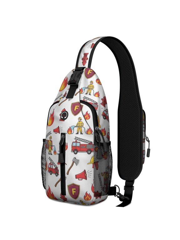 Fireman and Shield White Pattern Sling Backpack, Casual Day Sling Pack with Earphone Port, Adjustable Strap Gift Ideas for Holiday Birthday Gifts