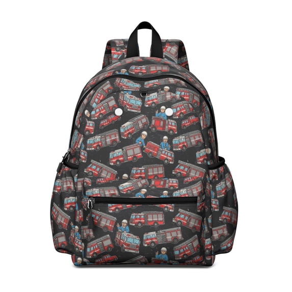 Fireman and Truck Black Pattern Backpack for School, Cute School Bag with Adjustable Shoulder Straps and Padded Back, 13.4"x11"x4.7"