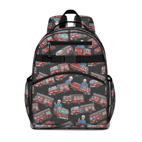 Fireman and Truck Black Pattern Backpack for School, Cute School Bag with Adjustable Shoulder Straps and Padded Back, 15.25"x11.5"x5.25"
