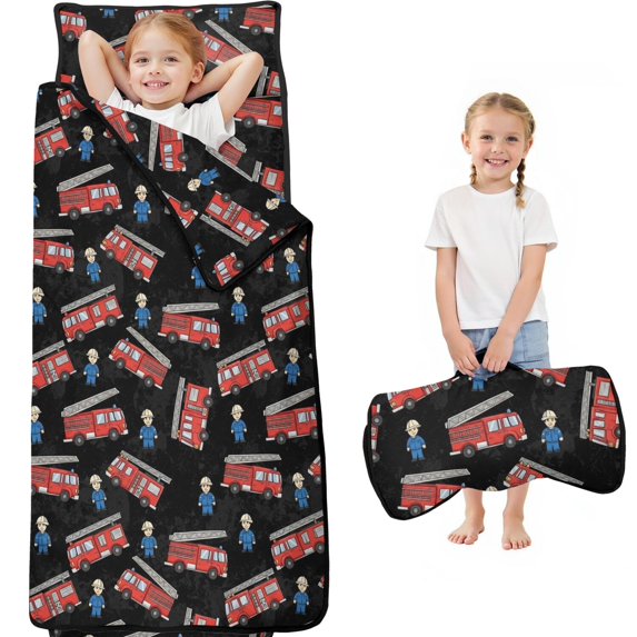Fireman and Truck Black Pattern Teens Toddler Nap Mat with Pillow, Sleeping Mat Bag for Preschool Daycare 59"x22"