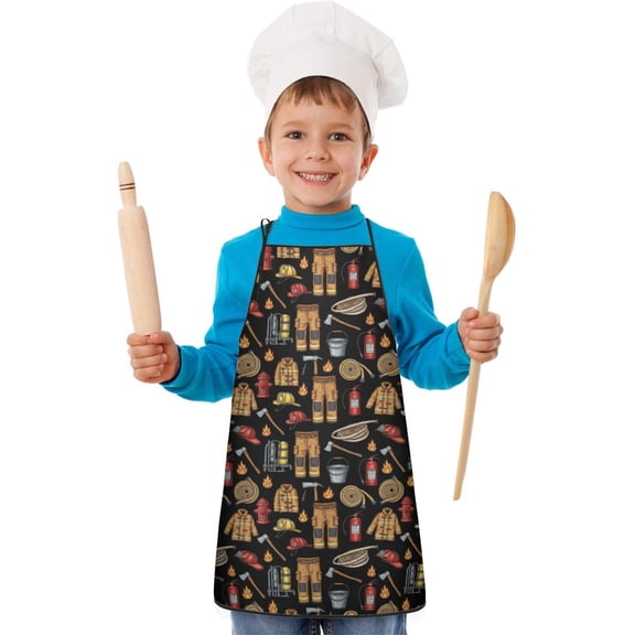 Fireman and Uniform Black Pattern Teens Aprons, Adjustable Neck Strap, Toddler & Teens Aprons for Cooking & Baking, 19x23.6 Inches