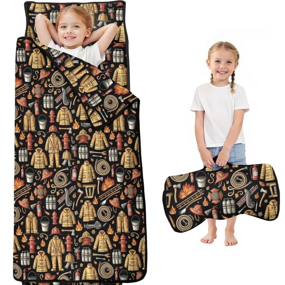 Fireman and Uniform Black Pattern Teens Toddler Nap Mat with Pillow, Sleeping Mat Bag for Preschool Daycare 59"x22"