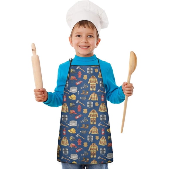 Fireman and Uniform Blue Pattern Teens Aprons, Adjustable Neck Strap, Toddler & Teens Aprons for Cooking & Baking, 19x23.6 Inches