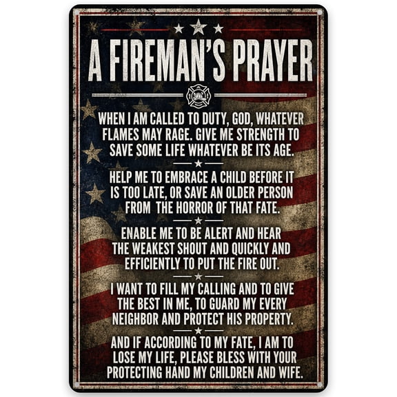 Firemans Prayer Metal Wall Sign, 8x12 Inch, American Flag Design, Inspirational Firefighter and Patriotic Decor for Indoor Outdoor Display, Easy Hanging