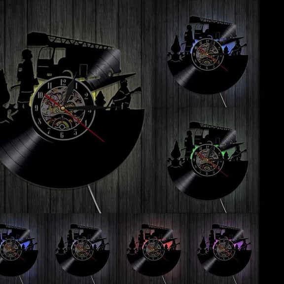 Firemen Clock Fire Truck Vintage Vinyl Record Wall Clock Fire Fighting Truck Vintage Time Clock Firefighter Fire Dept Wall Decor With LED
