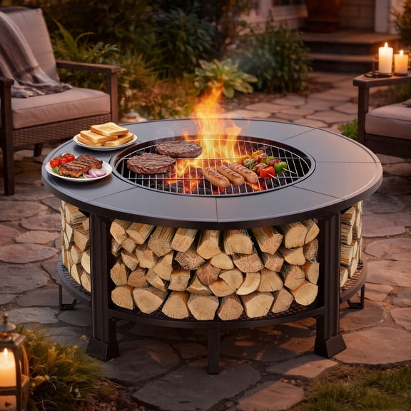 Fire Pits for Outside, SEGMART 38" Outdoor Fire Pit, Round Wood Burning Fire Pit with Grill, Poker, Waterproof Cover, Fire Pit Table for Patio BBQ, Backyard Fire Pit, Firepit for Outside Patio, Black